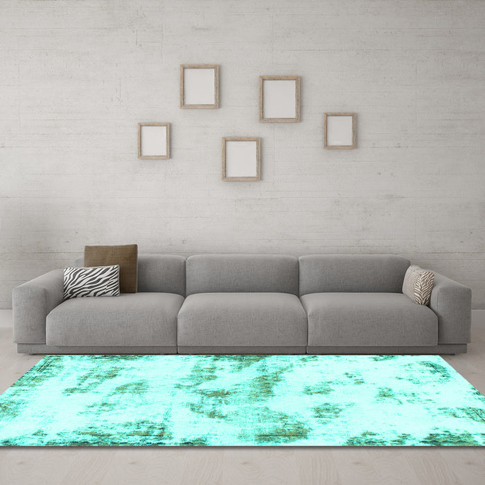 Machine Washable Abstract Turquoise Modern Area Rugs in a Living Room,, wshabs898turq