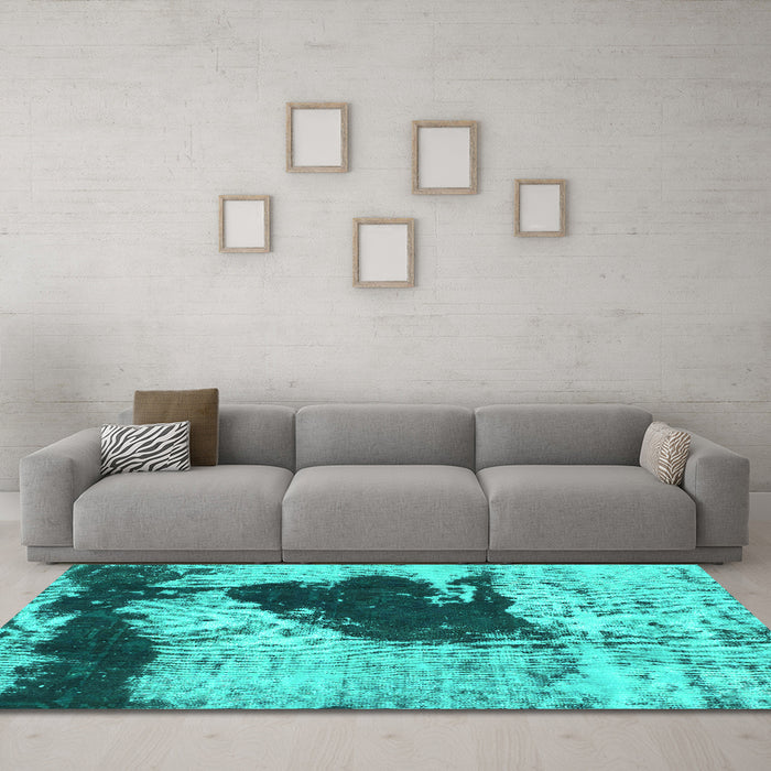Machine Washable Abstract Turquoise Modern Area Rugs in a Living Room,, wshabs899turq