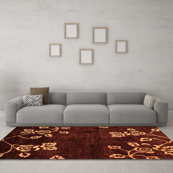 Machine Washable Abstract Orange Modern Area Rugs in a Living Room, wshabs89org