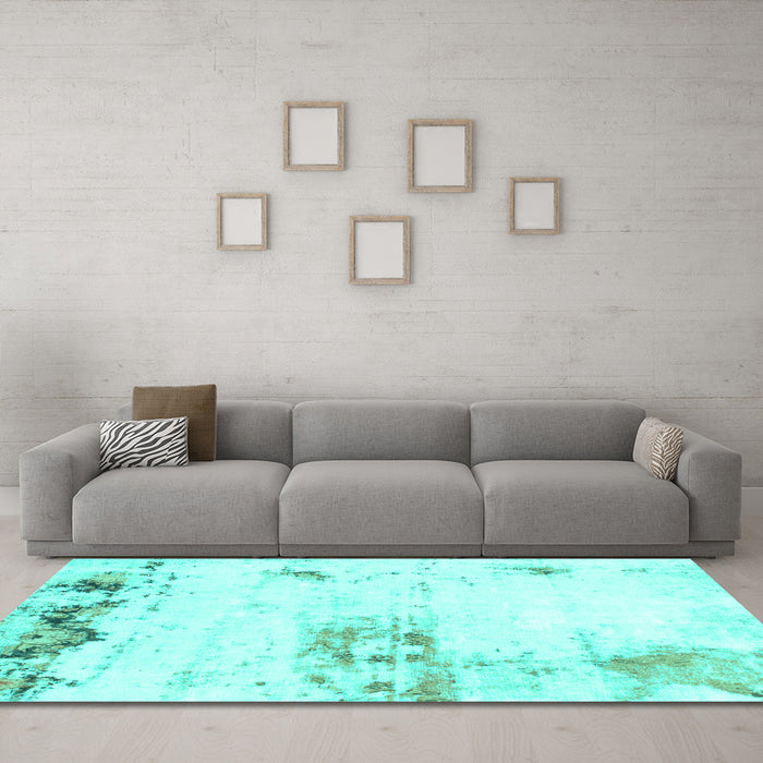 Machine Washable Abstract Turquoise Modern Area Rugs in a Living Room,, wshabs902turq