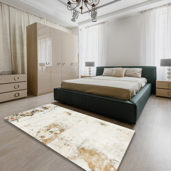 Machine Washable Abstract White Chocolate Beige Rug in a Bedroom, wshabs902