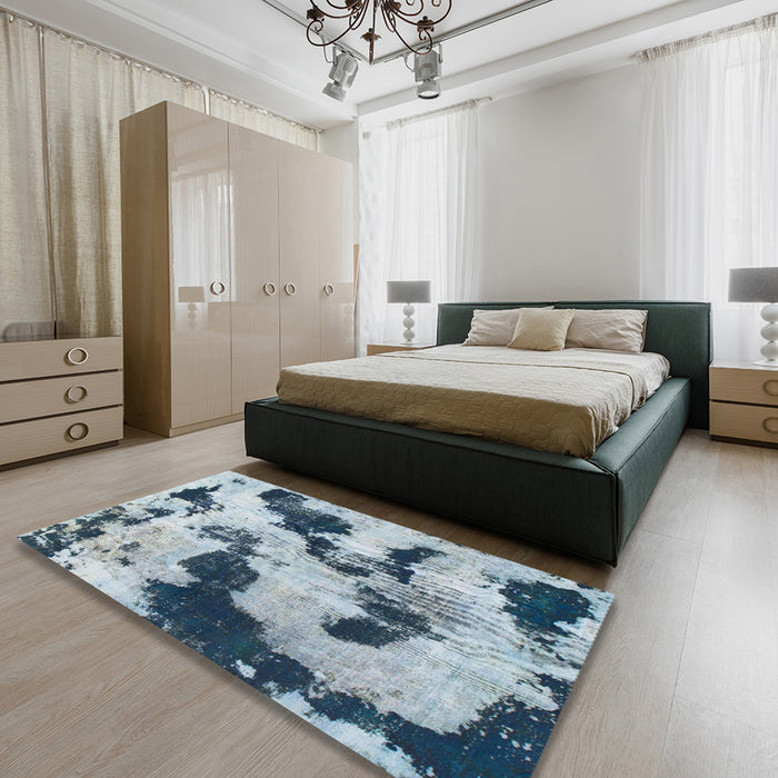Abstract Light Steel Blue Modern Rug in a Bedroom, abs905