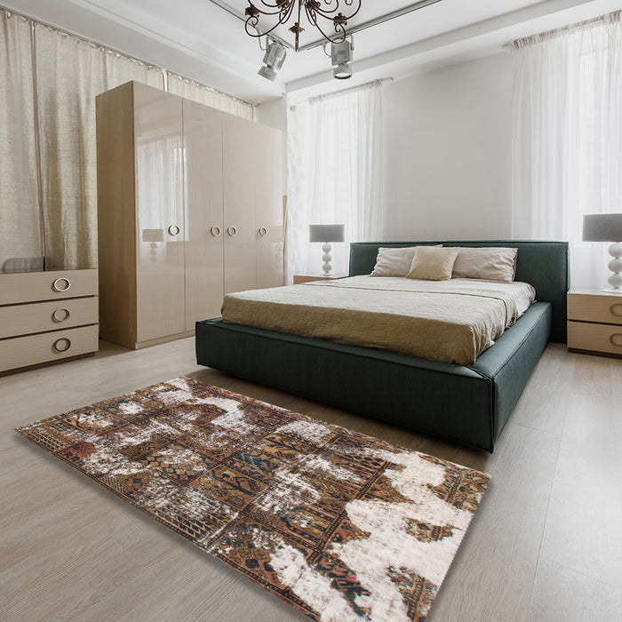 Machine Washable Abstract Dark Brown Rug in a Bedroom, wshabs908