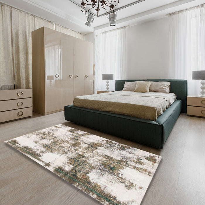 Machine Washable Abstract Khaki Green Rug in a Bedroom, wshabs909