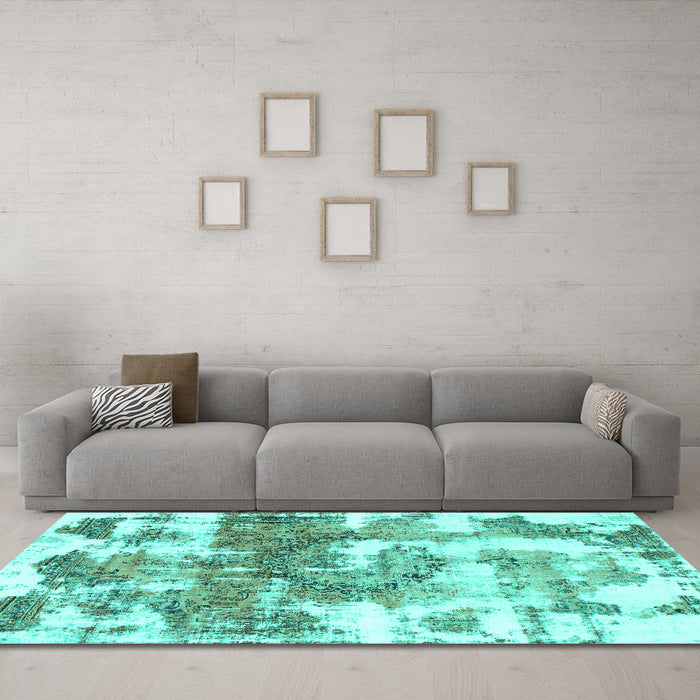 Machine Washable Abstract Turquoise Modern Area Rugs in a Living Room,, wshabs910turq