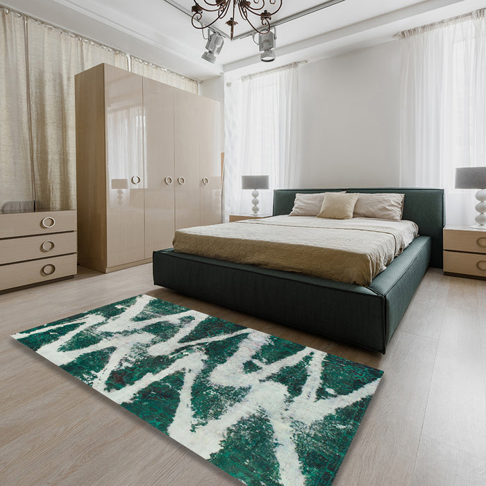 Abstract Teal Green Modern Rug in a Bedroom, abs913