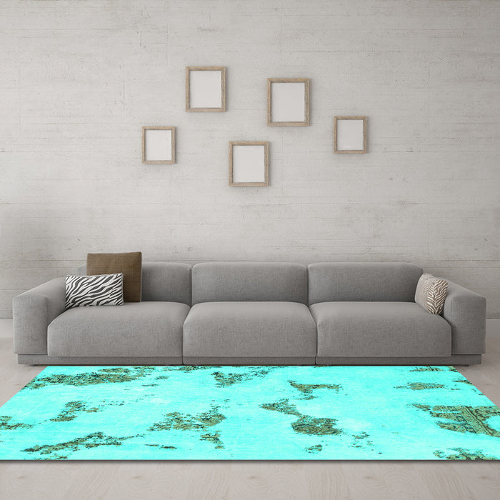 Machine Washable Abstract Turquoise Modern Area Rugs in a Living Room,, wshabs916turq