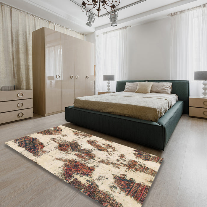 Abstract Dark Gold Brown Modern Rug in a Bedroom, abs917