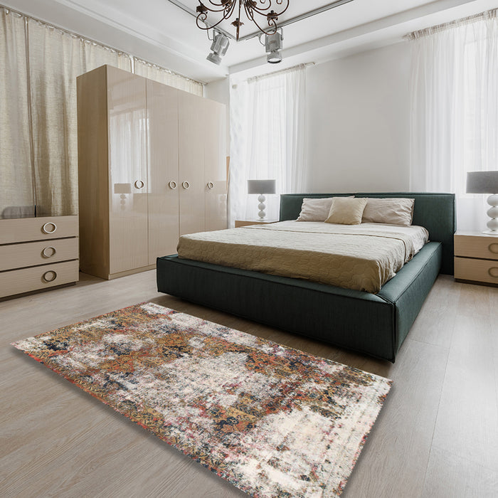 Machine Washable Abstract Tan Brown Rug in a Bedroom, wshabs918