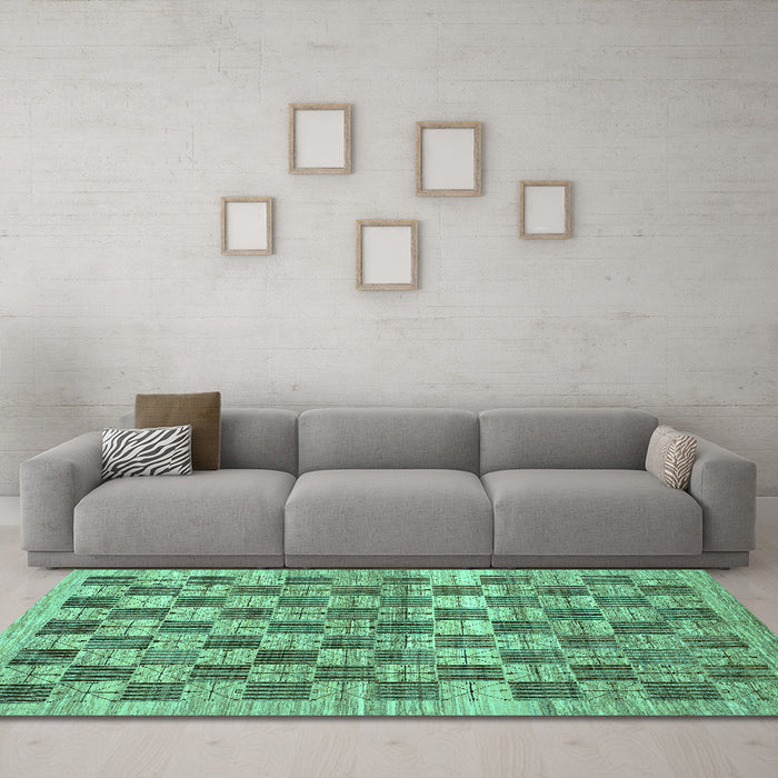Machine Washable Checkered Turquoise Modern Area Rugs in a Living Room,, wshabs91turq