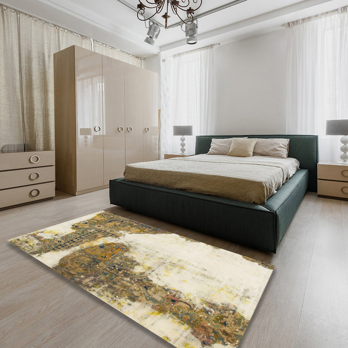 Machine Washable Abstract Vanilla Gold Rug in a Bedroom, wshabs930