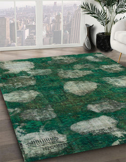 Abstract Deep Teal Green Modern Rug in Family Room, abs933