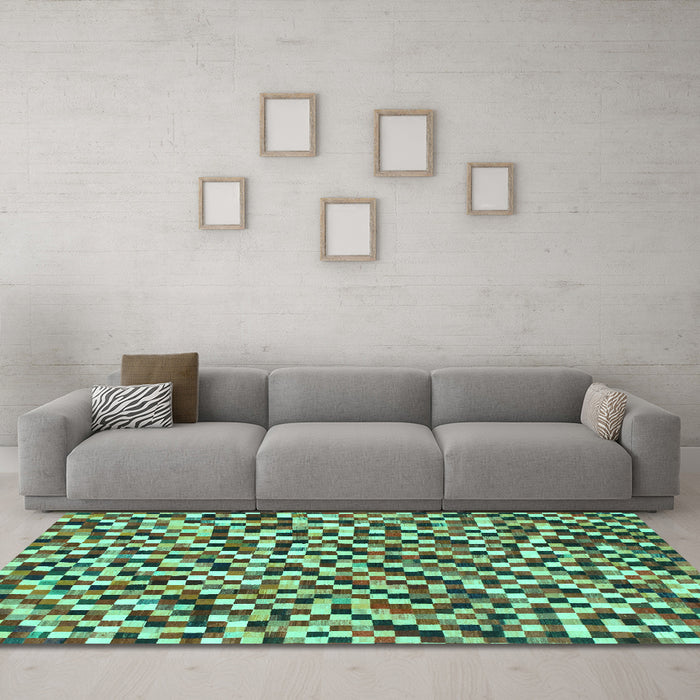 Machine Washable Checkered Turquoise Modern Area Rugs in a Living Room,, wshabs944turq