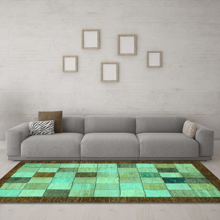 Machine Washable Checkered Turquoise Modern Area Rugs in a Living Room,, wshabs950turq