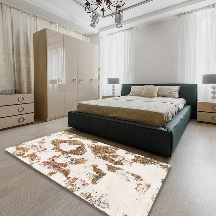 Abstract Champagne Beige Modern Rug in a Bedroom, abs953