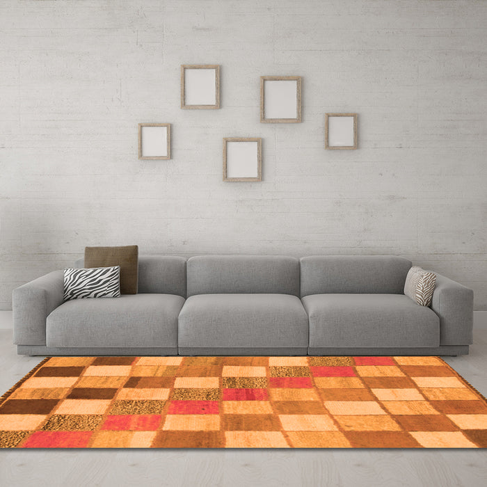 Machine Washable Checkered Orange Modern Area Rugs in a Living Room, wshabs955org