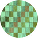 Round Machine Washable Checkered Turquoise Modern Area Rugs, wshabs955turq