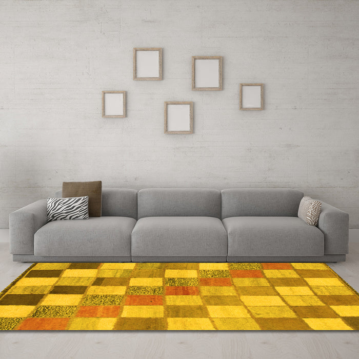 Machine Washable Checkered Yellow Modern Rug in a Living Room, wshabs955yw