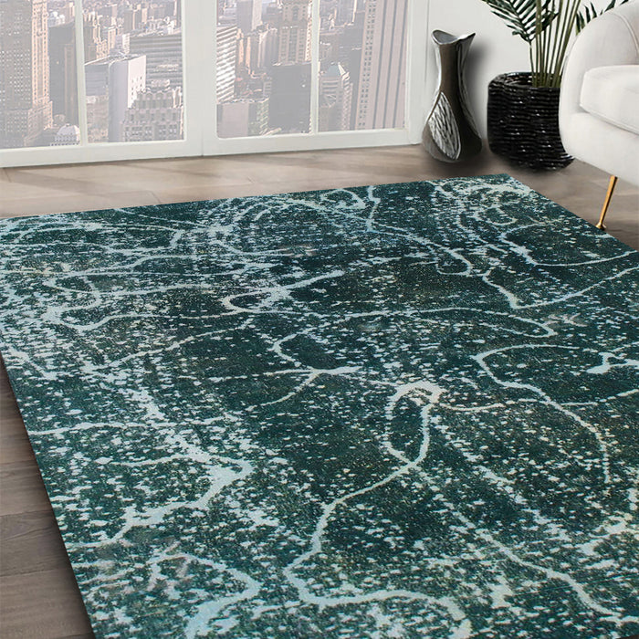 Machine Washable Abstract Cadet Blue Green Rug in a Family Room, wshabs956