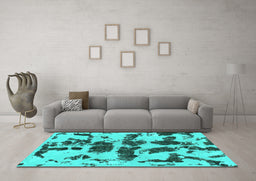 Machine Washable Abstract Turquoise Modern Area Rugs in a Living Room,, wshabs957turq