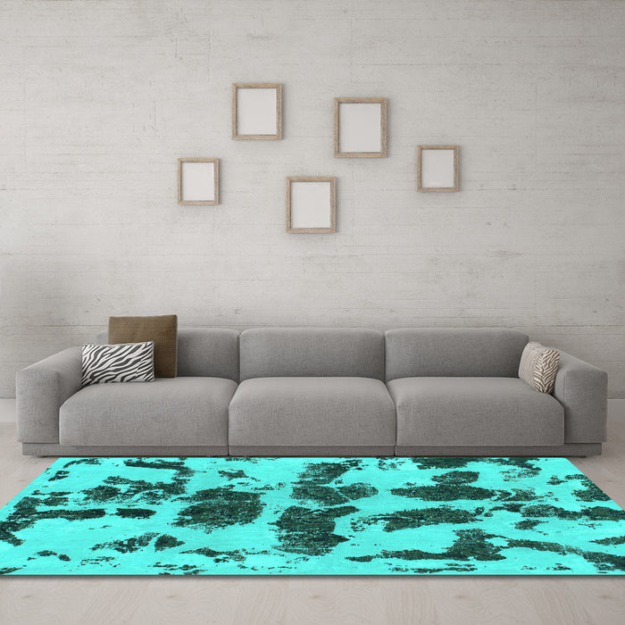 Machine Washable Abstract Turquoise Modern Area Rugs in a Living Room,, wshabs957turq