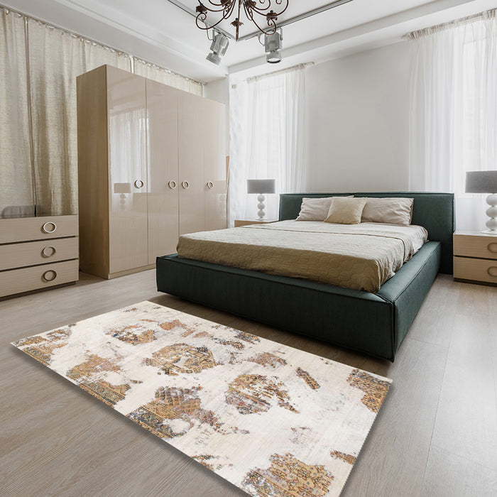 Abstract Camel Brown Modern Rug in a Bedroom, abs958