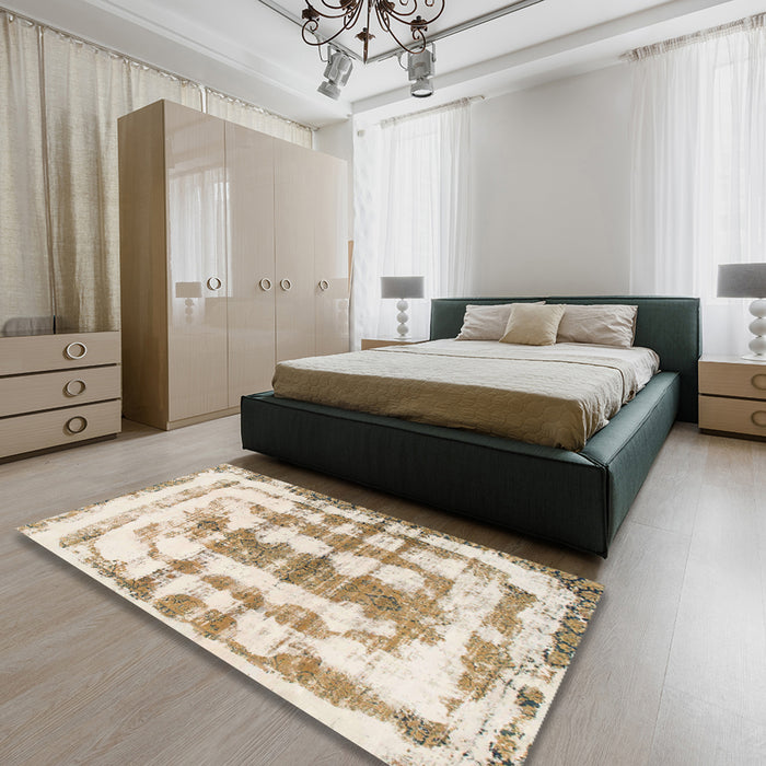 Abstract Wheat Beige Modern Rug in a Bedroom, abs962