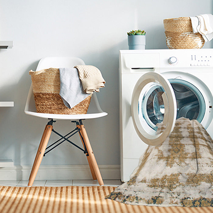 Machine Washable Abstract Wheat Beige Rug in a Washing Machine, wshabs962