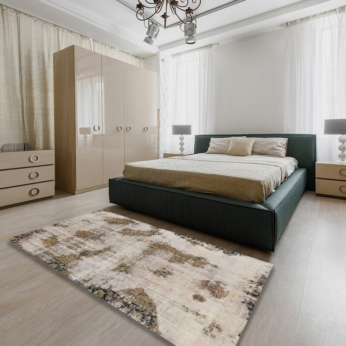 Abstract Tan Brown Modern Rug in a Bedroom, abs965