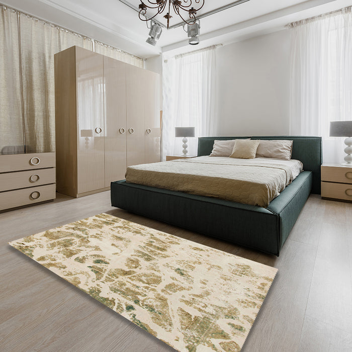 Abstract Metallic Gold Modern Rug in a Bedroom, abs967