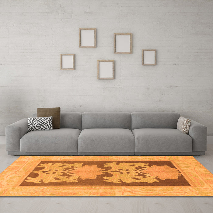Machine Washable Abstract Orange Modern Area Rugs in a Living Room, wshabs969org