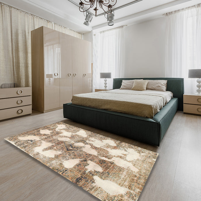 Abstract Dark Almond Brown Modern Rug in a Bedroom, abs970