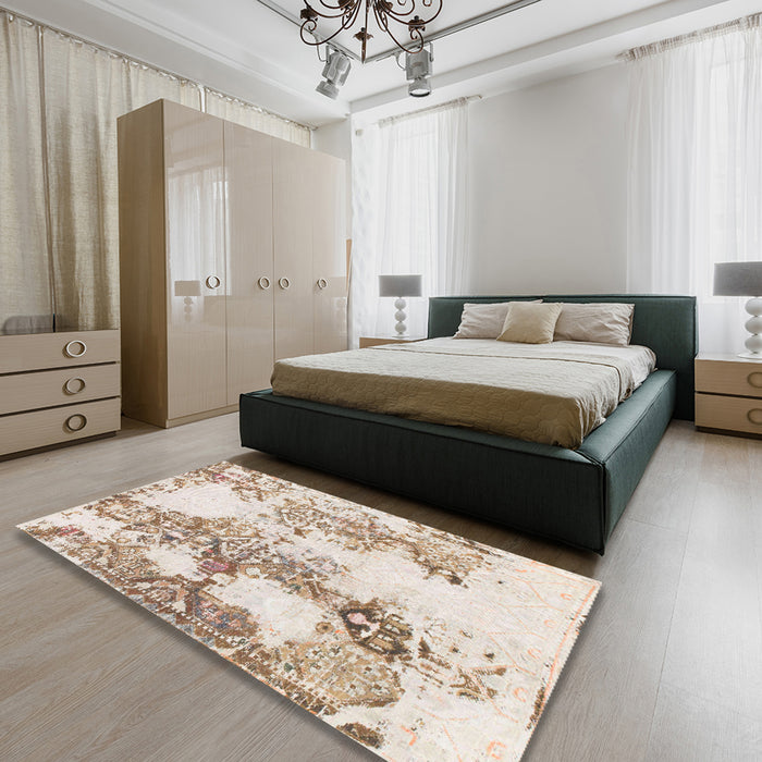 Machine Washable Abstract Light Copper Gold Rug in a Bedroom, wshabs971
