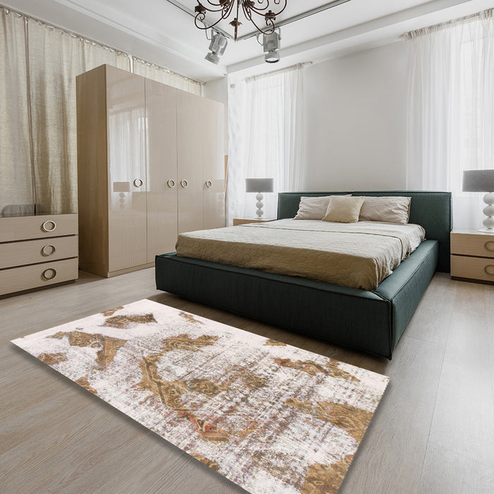 Abstract White Chocolate Beige Modern Rug in a Bedroom, abs976