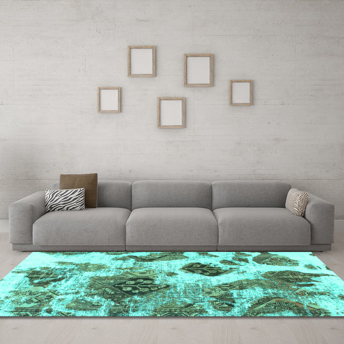 Machine Washable Abstract Turquoise Modern Area Rugs in a Living Room,, wshabs978turq