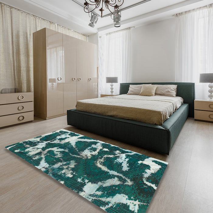 Machine Washable Abstract Medium Aqua Marine Green Rug in a Bedroom, wshabs979