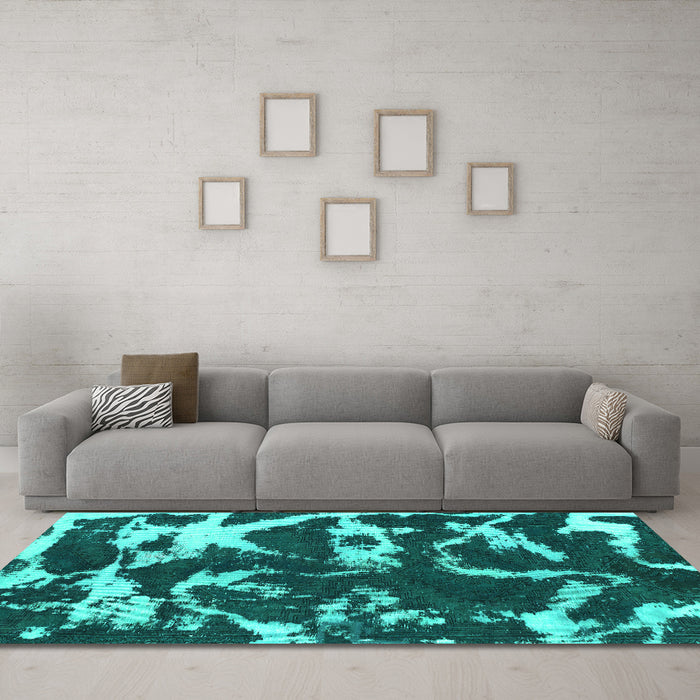 Machine Washable Abstract Turquoise Modern Area Rugs in a Living Room,, wshabs979turq