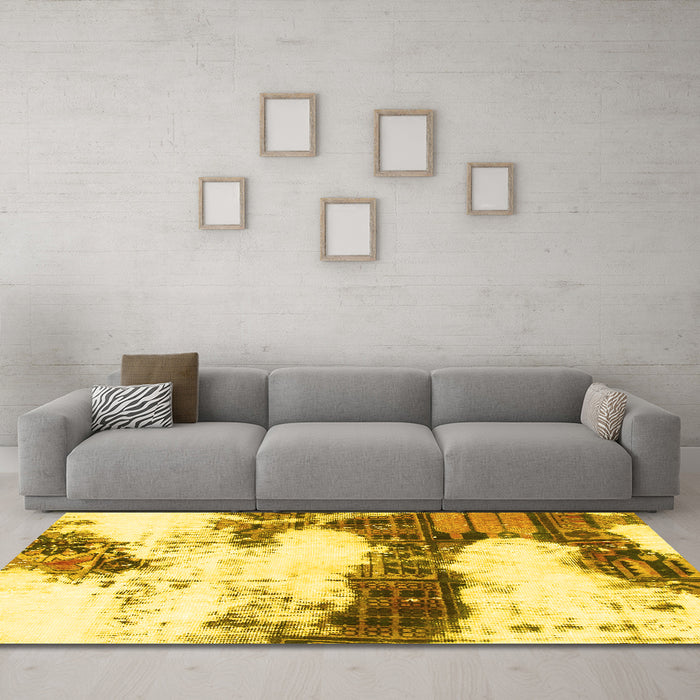Machine Washable Abstract Yellow Modern Rug in a Living Room, wshabs981yw