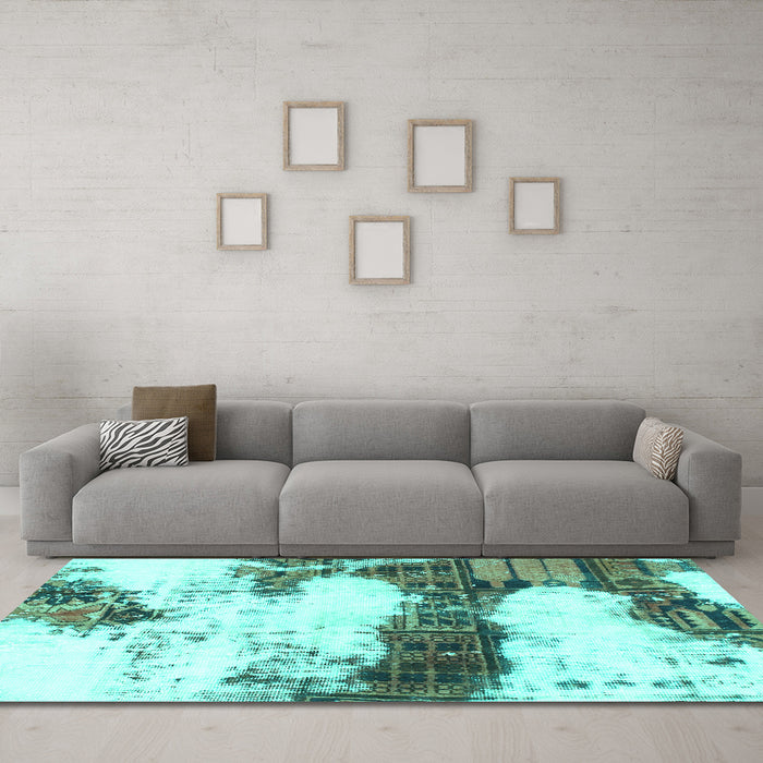 Machine Washable Abstract Turquoise Modern Area Rugs in a Living Room,, wshabs981turq