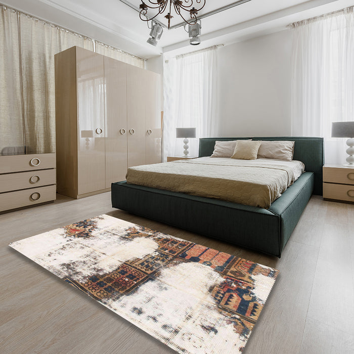 Abstract Champagne Beige Modern Rug in a Bedroom, abs981