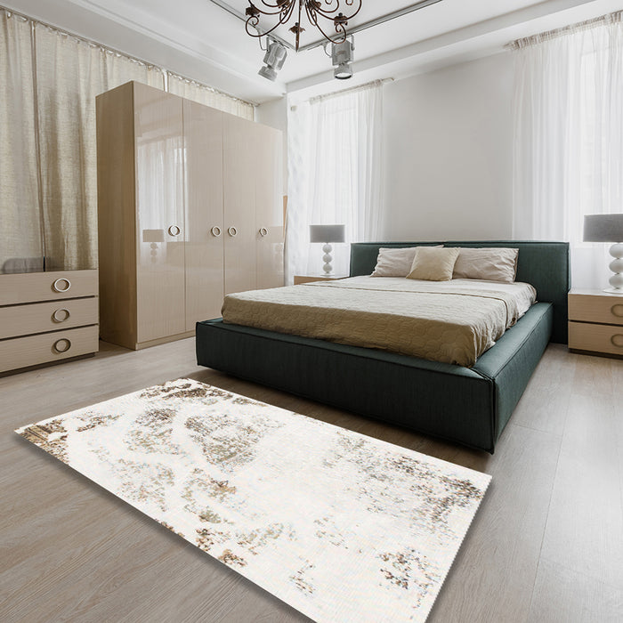 Abstract Off White Beige Modern Rug in a Bedroom, abs983
