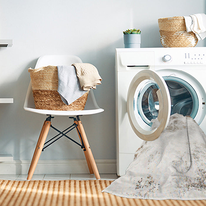 Machine Washable Abstract Off White Beige Rug in a Washing Machine, wshabs983