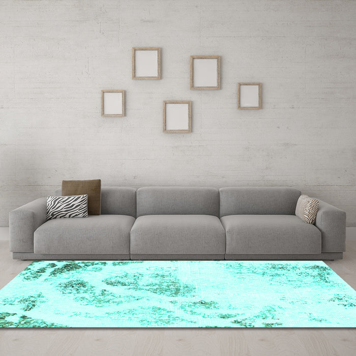 Machine Washable Abstract Turquoise Modern Area Rugs in a Living Room,, wshabs983turq