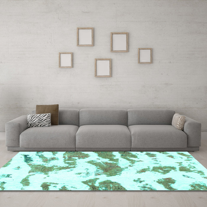 Machine Washable Abstract Turquoise Modern Area Rugs in a Living Room,, wshabs987turq