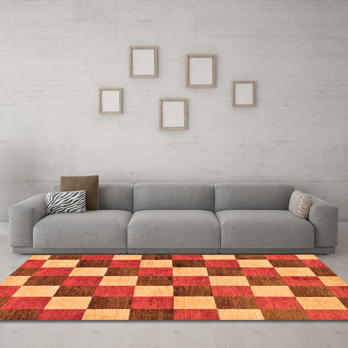 Machine Washable Checkered Orange Modern Area Rugs in a Living Room, wshabs98org