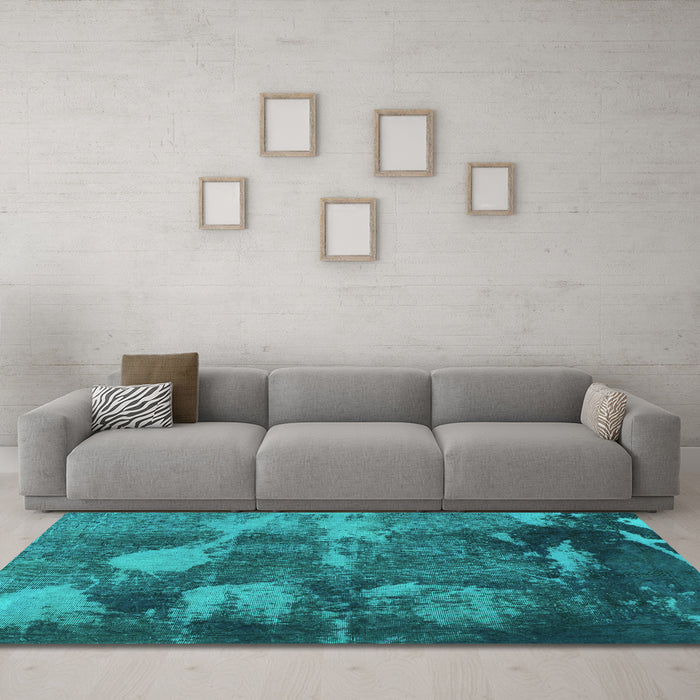 Machine Washable Abstract Turquoise Modern Area Rugs in a Living Room,, wshabs991turq
