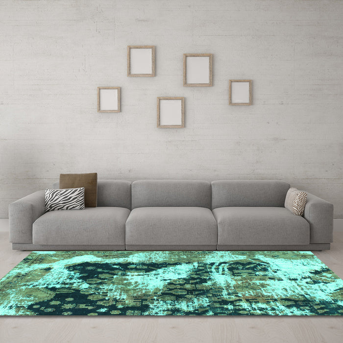 Machine Washable Abstract Turquoise Modern Area Rugs in a Living Room,, wshabs997turq