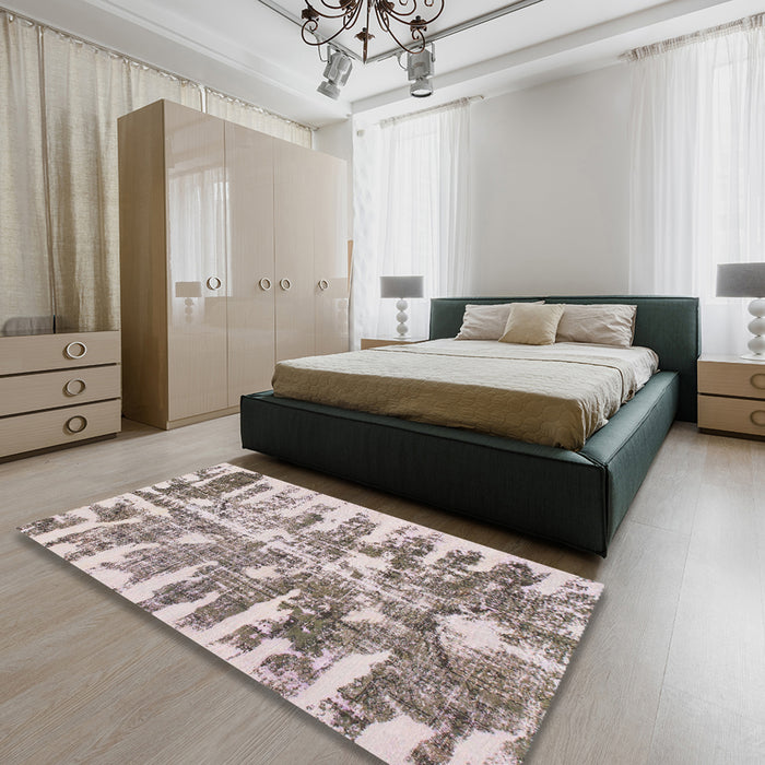 Machine Washable Abstract Mauve Taupe Purple Rug in a Bedroom, wshabs998