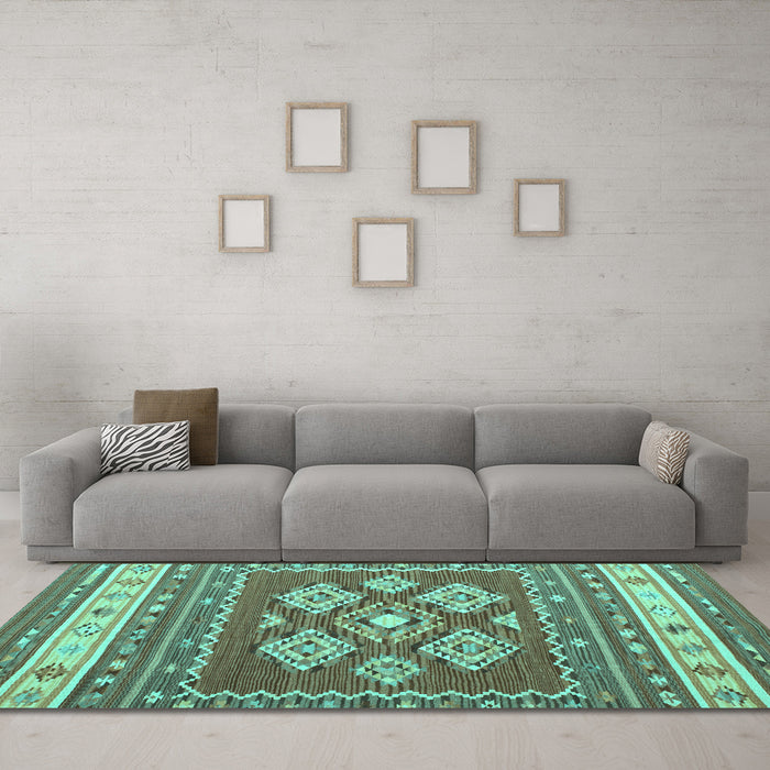Machine Washable Southwestern Turquoise Country Area Rugs in a Living Room,, wshcon1001turq