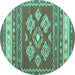 Round Machine Washable Southwestern Turquoise Country Area Rugs, wshcon1001turq